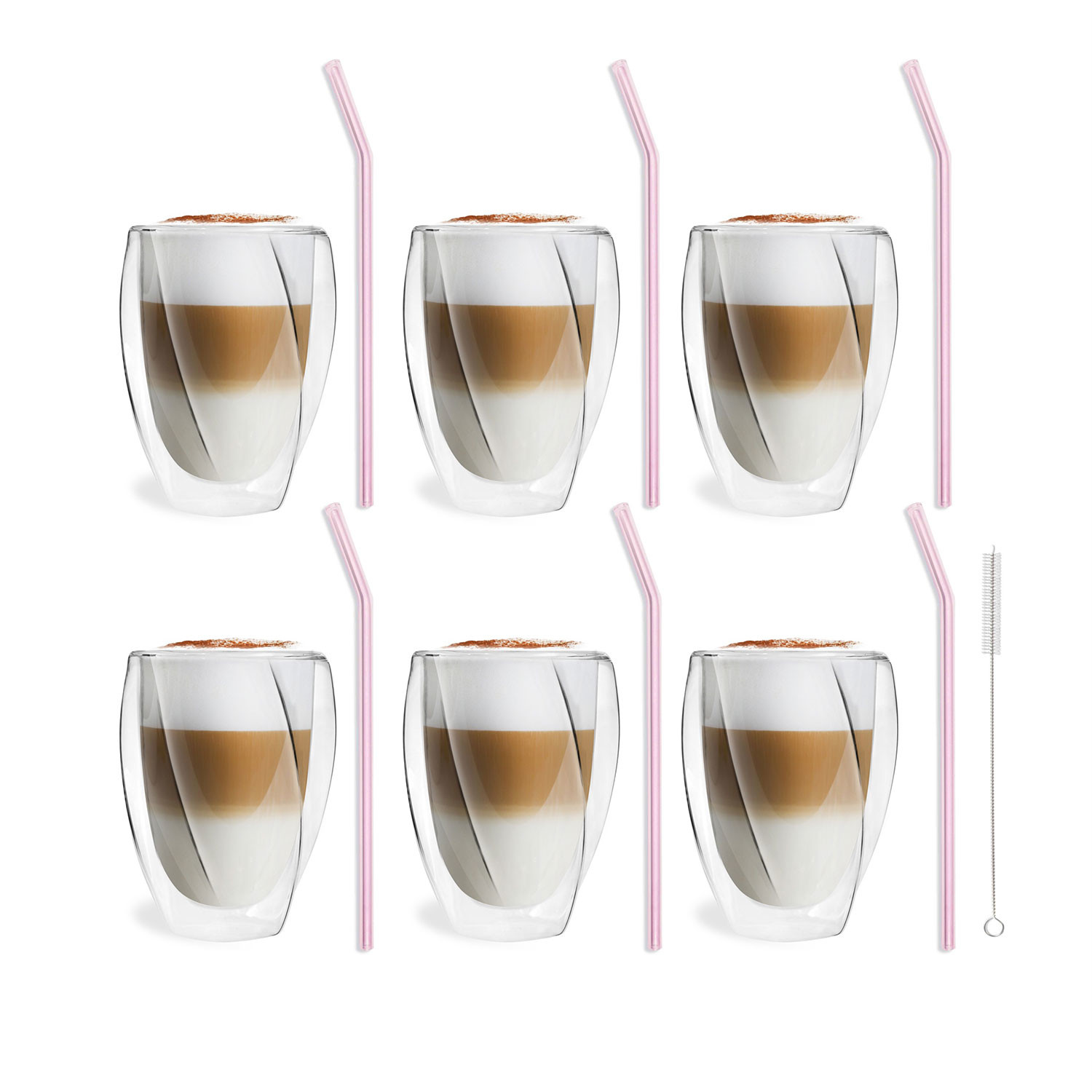 Cristallo 6 Piece Double Wall Glass 300ml Glass Straws 23cm Pink Vialli Design Touch 2342