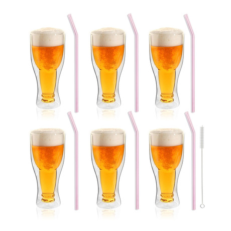 AMO // Set of 6 // 350mL Double-Wall Beer Glasses + 9" Glass Straws (Pink)