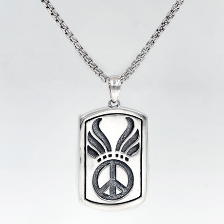 Men's Peace Sign Dog Tag Necklace // Silver