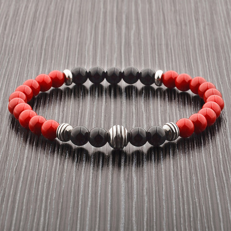 Turquoise + Onyx Beaded Stretch Bracelet // Red + Black + Silver // Set of 2