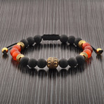 Onyx + Agate Beaded Adjustable Bracelet // Black + Red + Gold // Set of 2