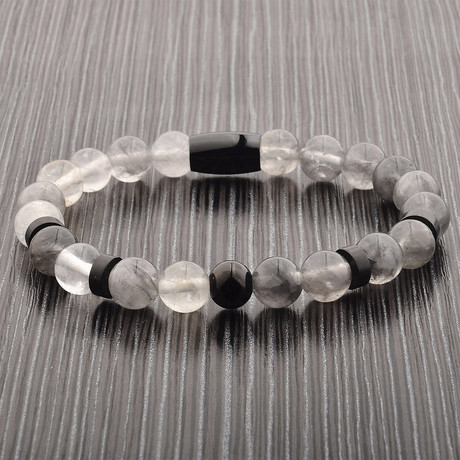 Quartz Stone Beaded Stretch Bracelet // Black + White // Set of 2