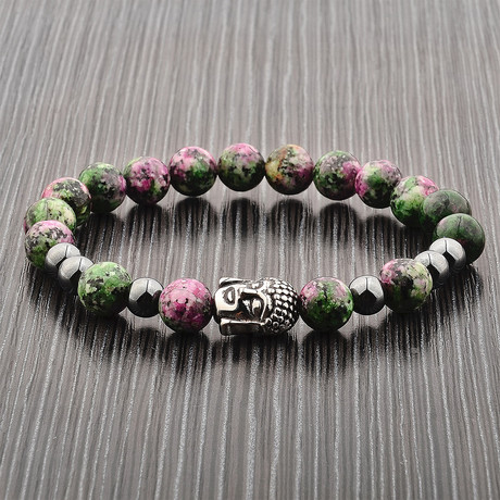 Buddha Beaded Stretch Bracelet // Green + Pink + Gray // Set of 2
