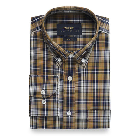 Checkered Pocket Button-Up Shirt // Mustard + Navy + White (S)