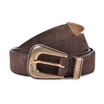 Leather Belt + Gold Patterned Buckle // Brown