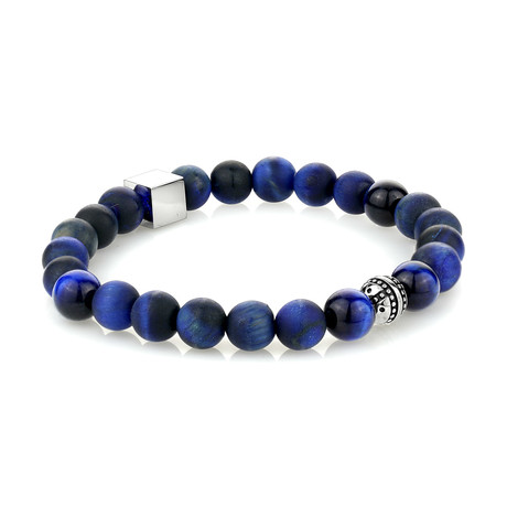 Gunmetal Stainless Steel + Tiger Eye Bracelet // Blue + Silver (S)