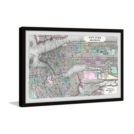 Colored Brooklyn Map // Framed Painting Print (12"W x 8"H x 1.5"D)