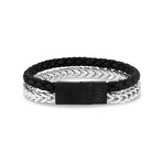 Leather + Franco Link Bracelet // 6mm // Black + Silver (7.5")