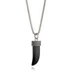 Agate Stone Horn Pendant Necklace // Black + Silver