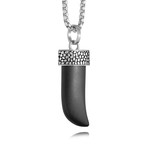 Agate Stone Horn Pendant Necklace // Black + Silver