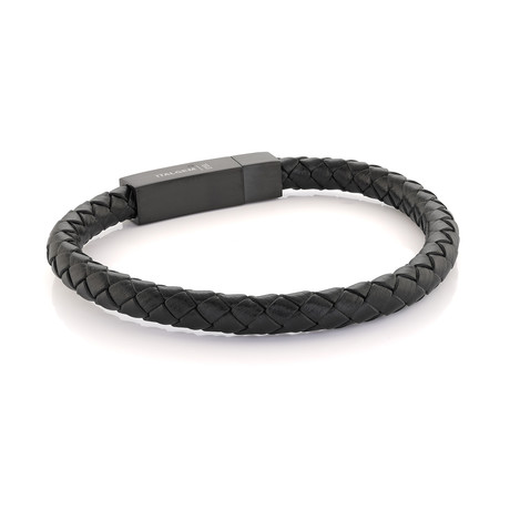 Matte Stainless Steel + Leather Bracelet // Black (S)