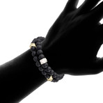 Onyx Beaded Stretch Bracelet // Black + Gold + Silver // Set of 2