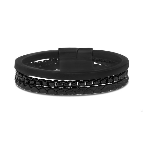 Steel Evolution // Braided Leather + Box Chain Triple Strand Bracelet // Black