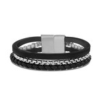 Steel Evolution // Braided Leather + Box Chain Triple Strand Bracelet // Black + Silver