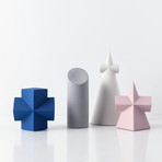 Geo Shapes Set // Blue Cross + Gray Cylinder + White Cone + Pink Pyramid