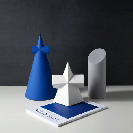 Geo Shapes Set // White Pyramid + Blue Cone + Gray Cylinder