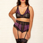 Plus Size Lace Bra + Garter Panty Set // Purple + Black (1XL)