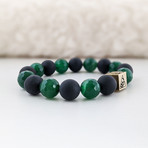 Green Agate + Black Agate Bead Bracelet // Green + Black + Gold