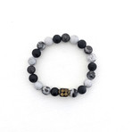 Zebra Jasper + Howlite + Black Agate Bead Bracelet // Black + White + Gold