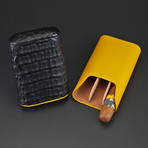Cedar-Lined 3 Cigars Case (Black + Yellow Caiman Leather)