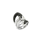 Black Crystal Coiled Snake Ring // Silver + Black (9)