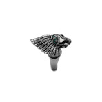 Emerald Crystal Indian Chief Skull Ring // Green + Silver + Black (12)
