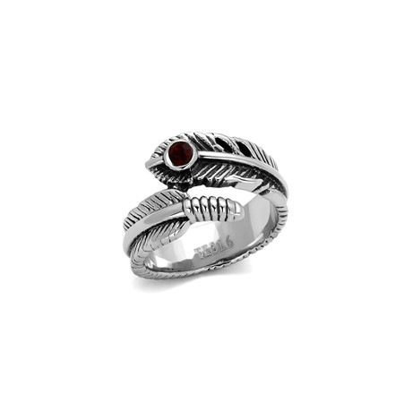 Deep Red Crystal Feather Ring // Red + Silver + Black (8)