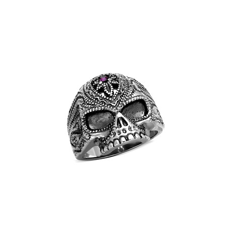 Amethyst Crystal Detailed Skull Ring // Purple + Silver + Black (8)