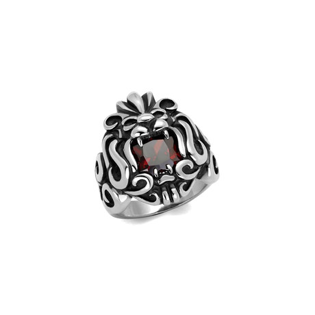 Garnet Cubic Zirconia Lion Head Ring // Red + Silver + Black (8)