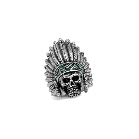 Emerald Crystal Indian Chief Skull Ring // Green + Silver + Black (8)