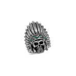 Emerald Crystal Indian Chief Skull Ring // Green + Silver + Black (11)