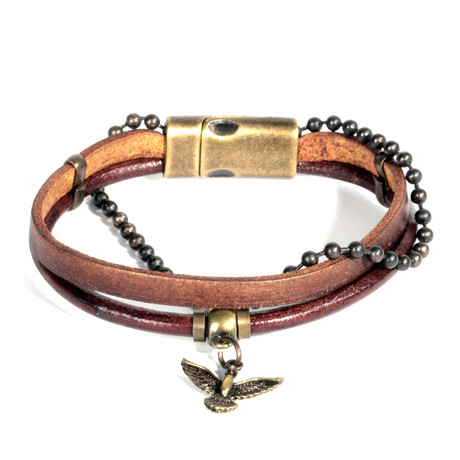 Leather + Bird Charm Bracelet // Brown