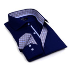 Contrast Collar Solid Button-Up // Navy + Check Trim (S)