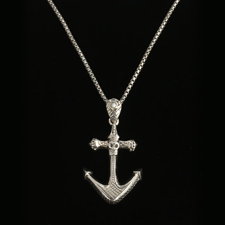 925 Solid Sterling Silver Skull Anchor Necklace // 24"