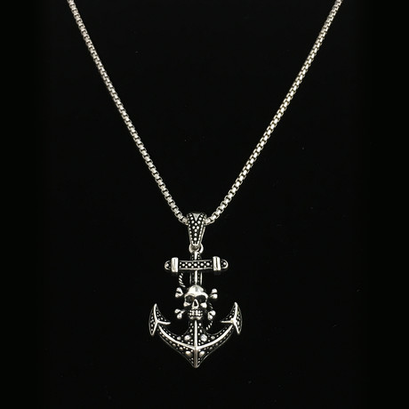 925 Solid Sterling Silver Skull + Bones Anchor Necklace