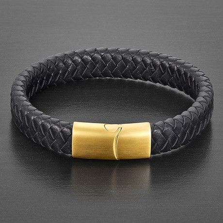 Wide Leather + Slide Lock Clasp Bracelet // Black + Gold (Blue + Black)