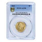 1843 Liberty Head $5 Gold Piece PCGS Certified AU58