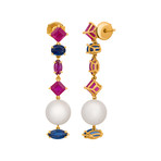 Assael Julie Parker 18k Yellow Gold Ruby + Sapphire + Fresh Water Pearl Earrings