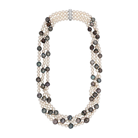 Assael 18k White Gold 3 Strand Diamond + Tahitian Pearl + Japanese Akoya Pearl Necklace