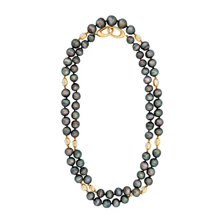 Assael 18k Yellow Gold Single Strand Moonstone + Tahitian Pearl Necklace