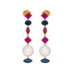 Assael Julie Parker 18k Yellow Gold Ruby + Sapphire + Fresh Water Pearl Earrings