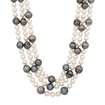 Assael 18k White Gold 3 Strand Diamond + Tahitian Pearl + Japanese Akoya Pearl Necklace