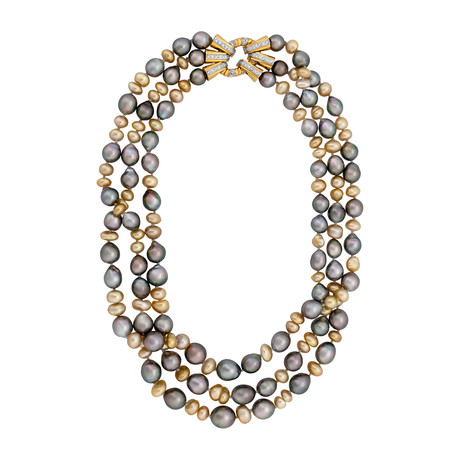 Assael 18k Yellow Gold 3 Strand Diamond + Tahitian Pearl + Golden Keshi Necklace