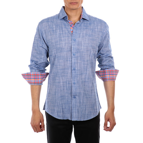 Gingham Cuff's & Plaket Detail Button Up Shirt // Blue Melange + Multicolor (L)