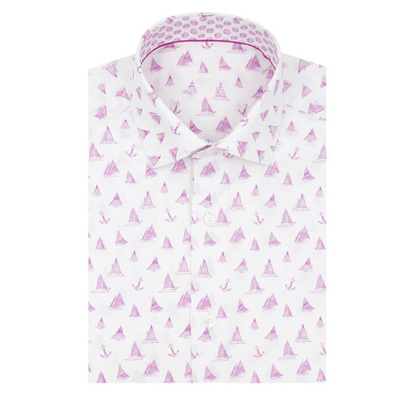 Sail Boat Poplin Print Short Sleeve Shirt // Purple + White (S)