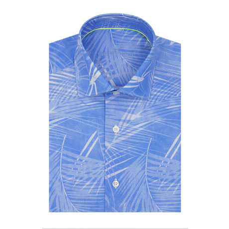 Tropical Palm Tree Poplin Print Short Sleeve Shirt // Blue (S)