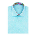 Solid Linen Short Sleeve Shirt // Turquoise (L)