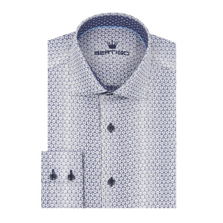 Cubic Design Print Jacquard Long Sleeve Shirt // Navy Blue (S)