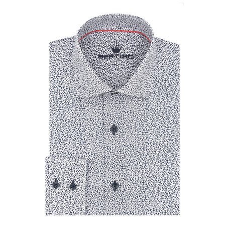 Abstract Poplin Print Long Sleeve Shirt // White + Navy Blue (S)