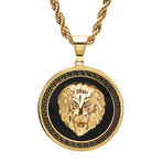 Greek Key Lion Head Pendant Necklace // Gold + Black